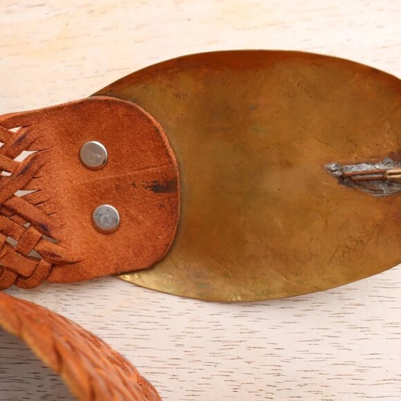 Chico's Moroccan Brown Leather Woven Belt Brass Silver Tone Buckle L - Picture 8 of 15